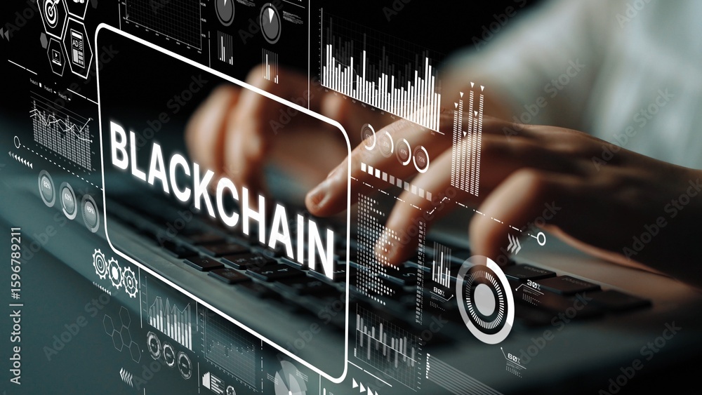 Poster Innovative Technology Concept Featuring Blockchain with Hands Typing on Keyboard Surrounded by Data Visualizations. Asymptotic smart data analytic.