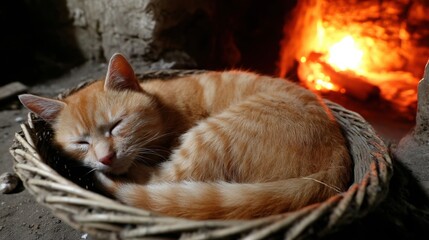 Cozy Orange Cat Sleeping Peacefully in a Warm Basket by Fire