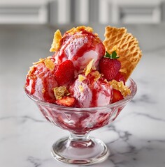 Scoops of strawberry ice cream with strawberry jam, waffle pieces and fresh strawberries served in a glass bowl
