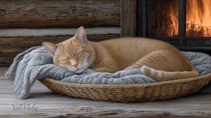 Relaxing Orange Cat Sleeping by the Cozy Fireplace in a Cabin
