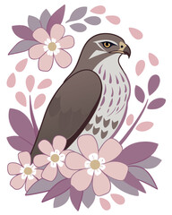 Obraz premium Brown hawk bird with pink and purple flowers falcon