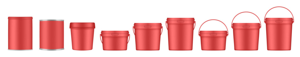 Red buckets and tin jars. Mockup of plastic buckets with handle and lid. Small, medium and large sizes. Tin can