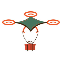 Stylized illustration of drone flying with gift box tied beneath it, symbolizing modern delivery methods. Vector art