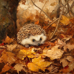 Baby Hedgehog in Autumn Leaves, Cute Small Animal, Forest Wildlife, Seasonal Scenery, Young European Hedgehog