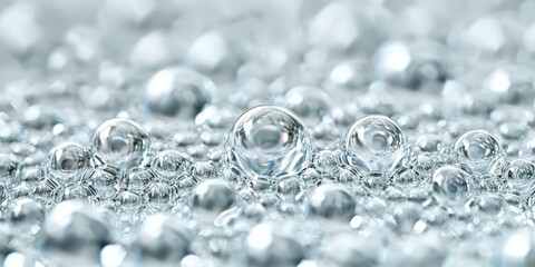 Close-up of numerous transparent water bubbles clustered together on a smooth surface with a soft, blurred background.