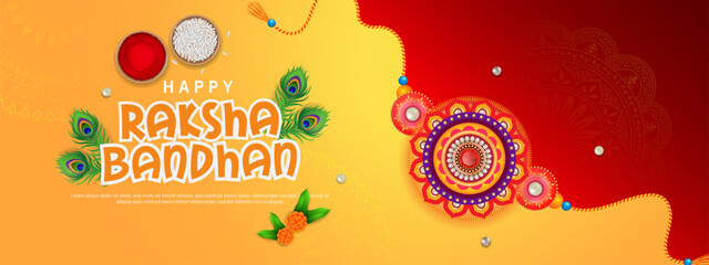 Happy raksha bandhan ceremony banner template design with decorative rakhi.