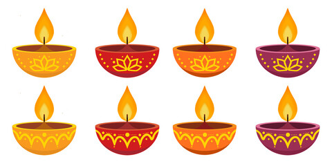 A refined set of 8 oil lamps with lotus and floral motifs, representing spiritual and festive themes in Indian culture.