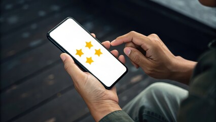 Person s hands interacting with a smartphone displaying star ratings