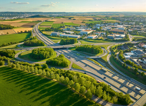 aerial view of Highway intersection Stuttgart North connecting German Highways A81 and B10, Baden W&uuml;rttemberg, Germany 