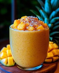 Mango smoothie with fresh mango cubes and grated coconut in a transparent glass
