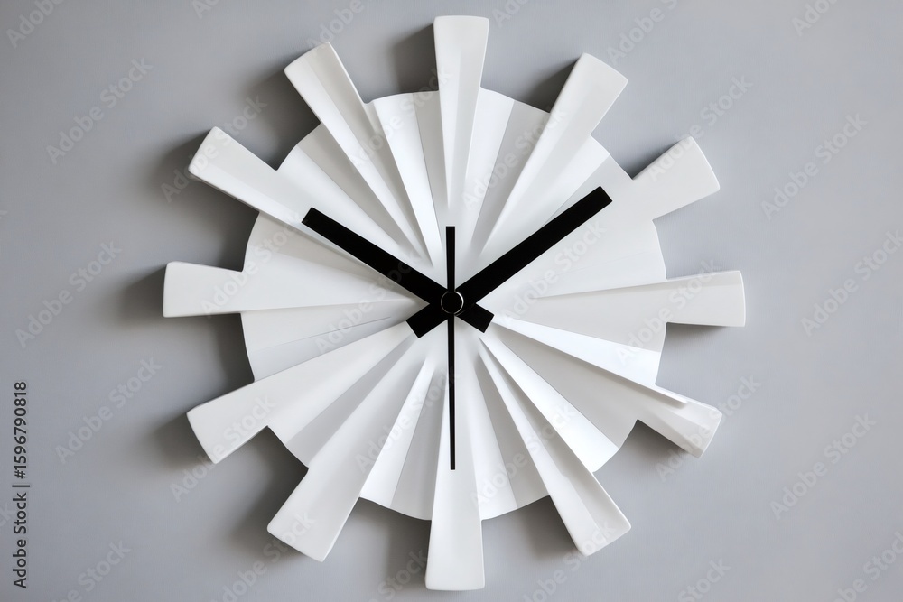 Poster modern white clock with black hands hanging on a gray wall, adding a touch of minimalist design