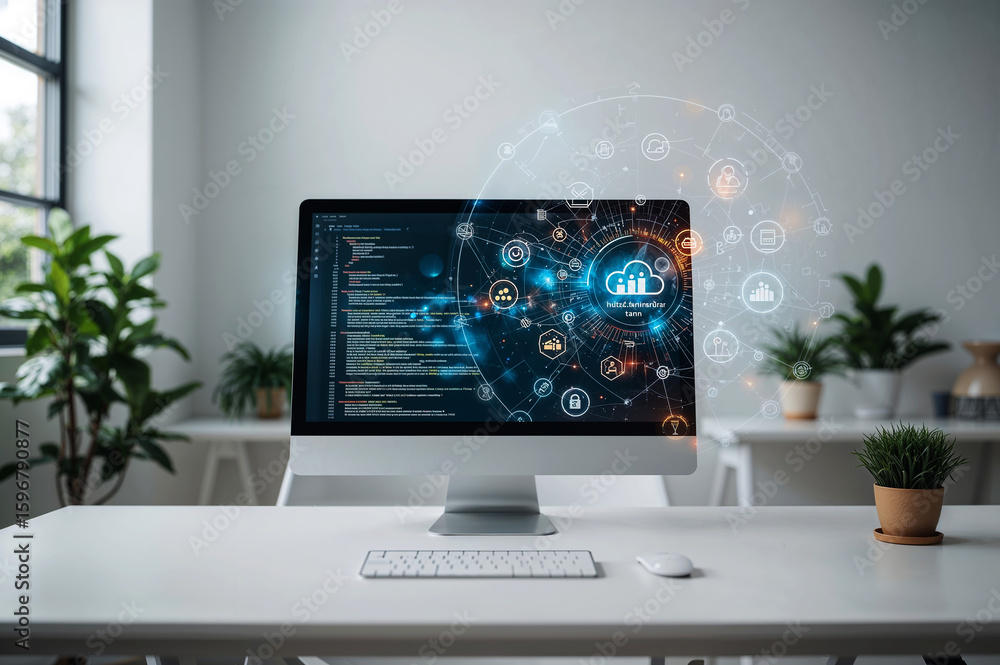 Fototapete modern workspace with code and futuristic cloud technology on display, productive and serene office 
