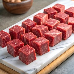 Fototapeta premium Premium Raw Beef Cubes on Wooden Cutting Board