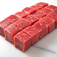 Fototapeta premium Premium Raw Beef Cubes on Wooden Cutting Board
