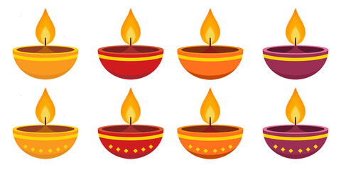 A decorative set of 8 Diwali oil lamps with dotted border patterns. Great for festival-themed projects and holiday illustrations.
