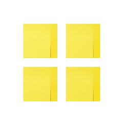 Four bright yellow, perfectly square sticky notes with crisp edges and adhesive strips, neatly arranged on a pristine, seamless transparent background, top-down, no shadows. Concept of organization