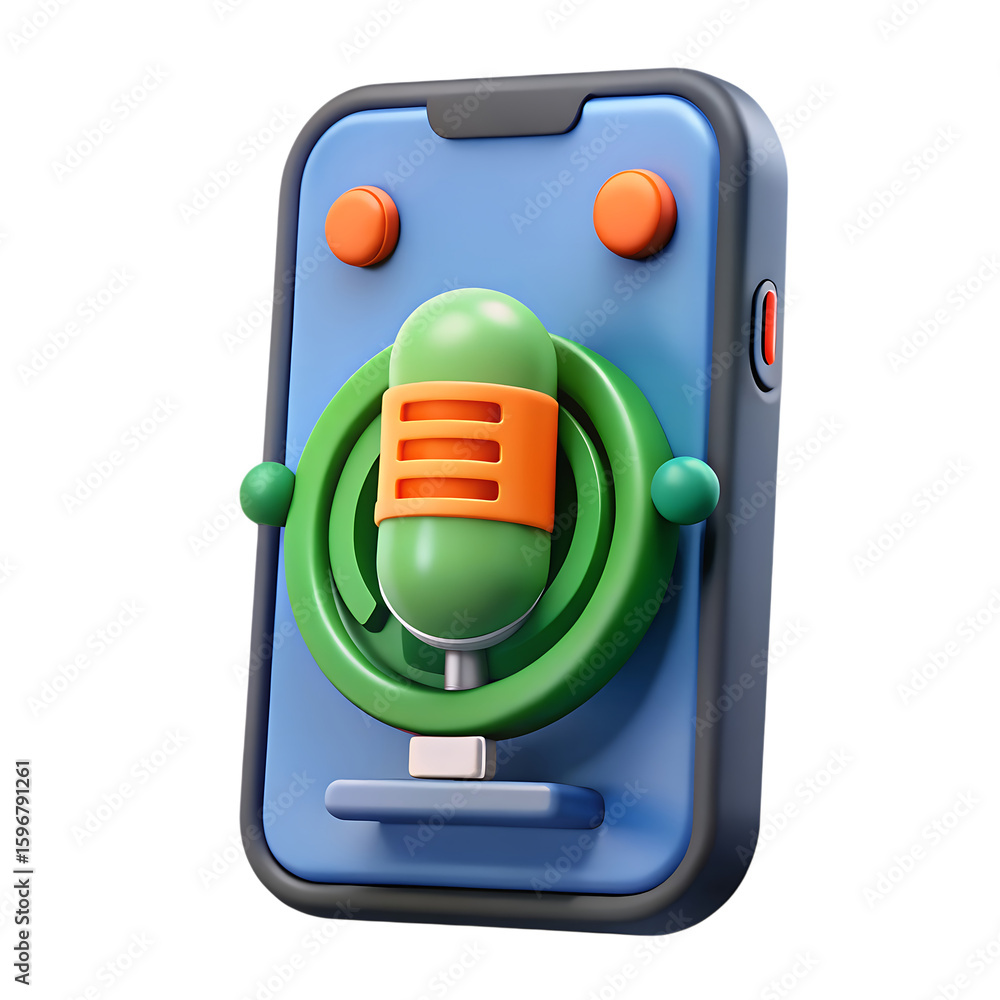 Poster 3d icon of smartphone with microphone for audio recording isolated on transparent background