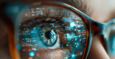 Close-up photograph showcasing a human eye behind glasses, reflecting digital data visualizations, representing technology, cybersecurity, and connection to artificial intelligence and data networks
