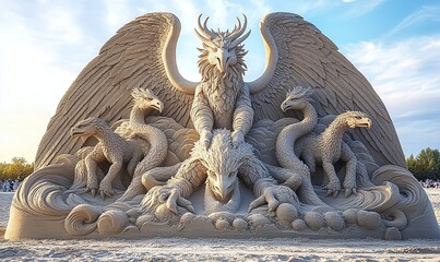 Fototapeta premium Intricate Sand Sculpture Dragon with Young Ones on Shore
