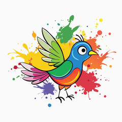 Vibrant Rainbow Bird Illustration with Colorful Paint Splatter Background