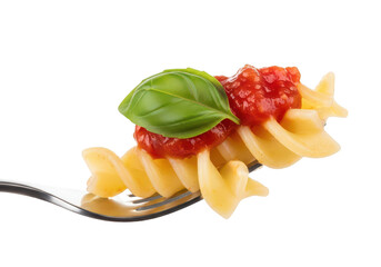 Fusilli pasta with tomato sauce and basil leaf on fork food italian
