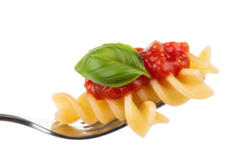 Fusilli pasta with tomato sauce and basil leaf on fork food italian