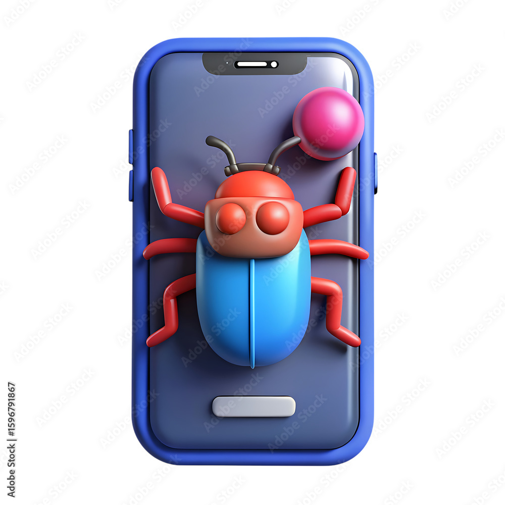 Poster 3d icon of a cartoon bug appears on a smartphone screen, isolated on transparent background