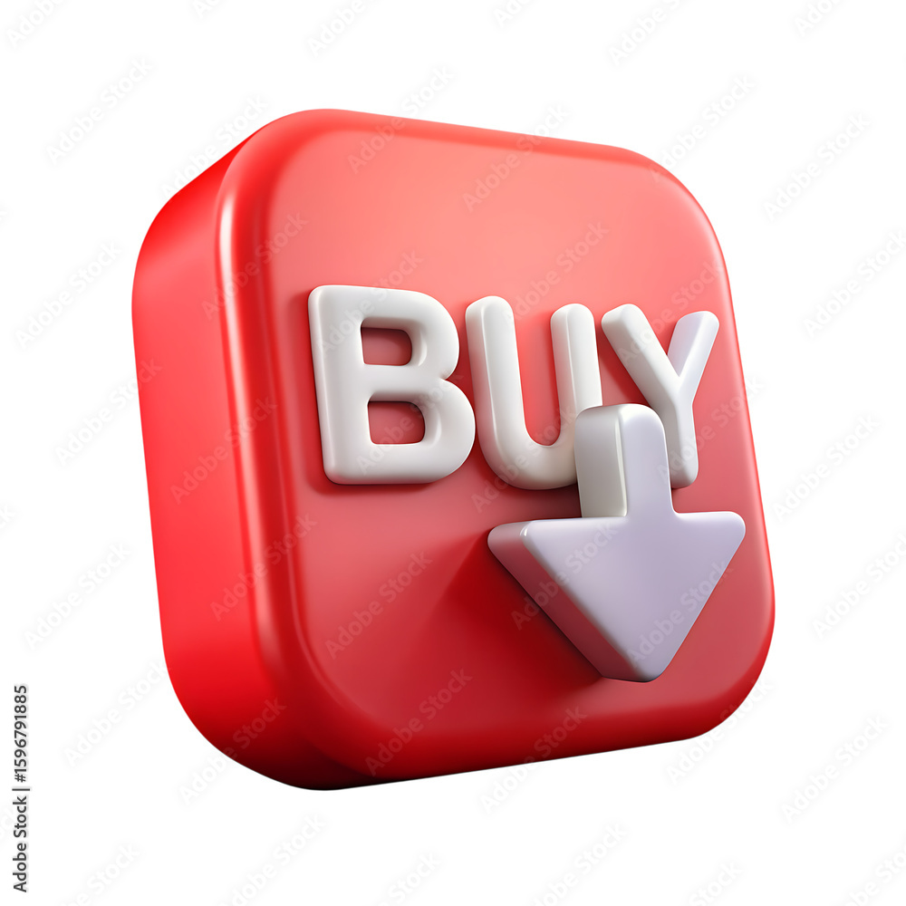 Poster 3d icon of a red buy button with a white arrow pointing down, isolated on transparent background