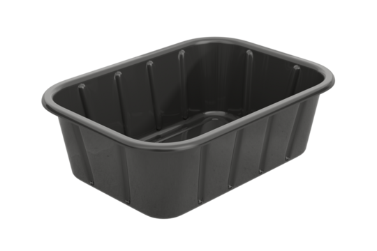 Black plastic food container on white background. Isolated 3D illustration