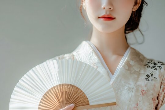 Traditional Japanese clothing and accessories are displayed by a young woman holding a white fan