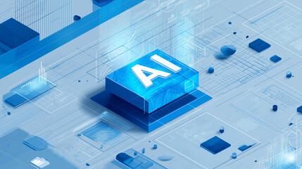 Futuristic blue and white background Ai icon, glass letters, geometric data elements, 3D render, high definition tech design.