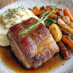 Roasted Pork Belly with Sides, Gourmet Meat Dish, Fine Dining Plate, Dinner Entree, Seared Pork with Vegetables