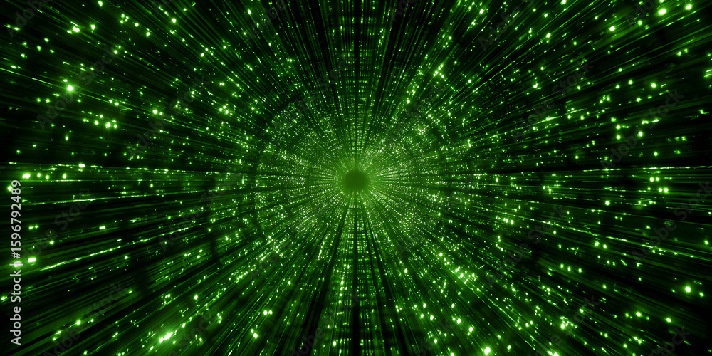 Poster a striking abstract image of a futuristic digital tunnel filled with glowing green data streams, cre