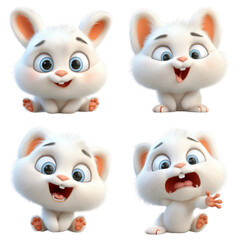 Fototapeta premium Cute Cartoon White Bunny Expressions: Joy, Surprise, Laughter, Fear - Whimsical Animal Emotions Collection Transparent Background