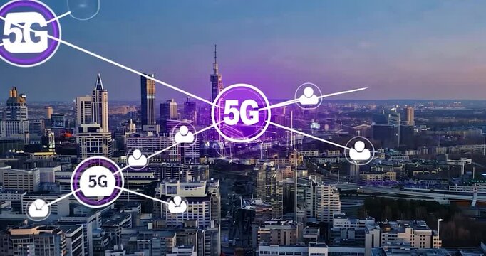 Modern cityscape with 5 g technology overlay