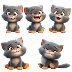 Fototapeta premium Adorable Set of Cartoon Cats Displaying Delightful Expressions in Cute Animation Style Transparent Background