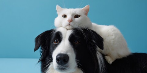 Fototapeta na wymiar a happy cat and dog cute pets come to the camera
