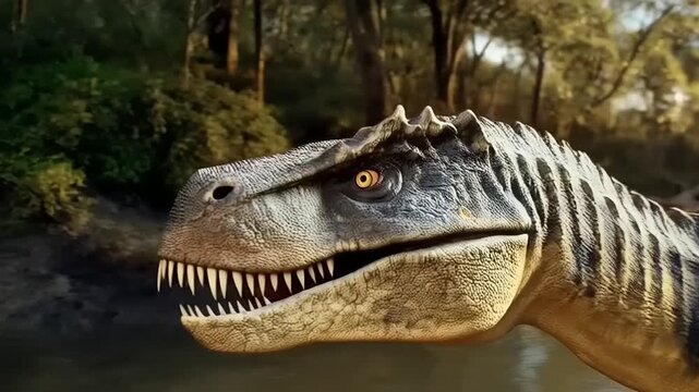 Allosaurus Foraging by the Water's Edge in Prehistoric Landscape Scene