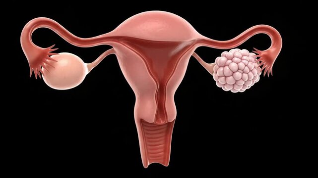 A medical illustration of the female reproductive system, showing the uterus and ovaries