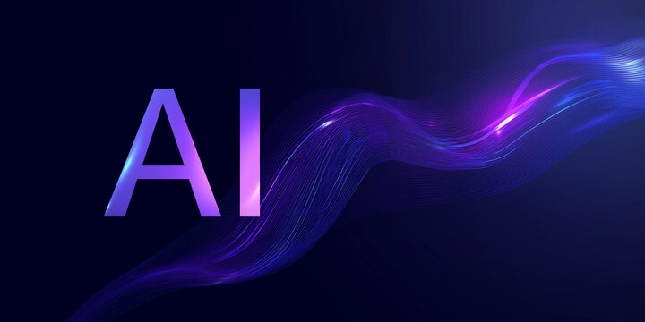 Futuristic AI Logo with smooth curves, purple-blue gradient, on dark navy background featuring subtle light effects and modern design, abstract blue background with lines
