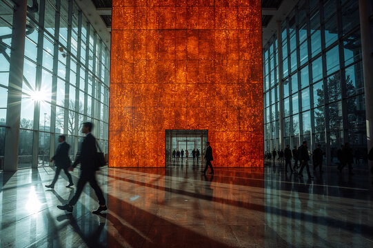 Contemporary Architecture with Orange Feature Wall and Blurred Figures, Business Travelers at a Modern Convention Center with Unique Interior Design