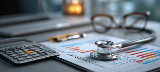 A stethoscope on a financial report with calculator and glasses nearby