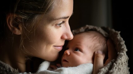 A first-time mother cradling her baby carefully with both hands, baby wrapped in soft blanket, emotional eye contact, safe and secure gesture, family connection, indoor natural light 