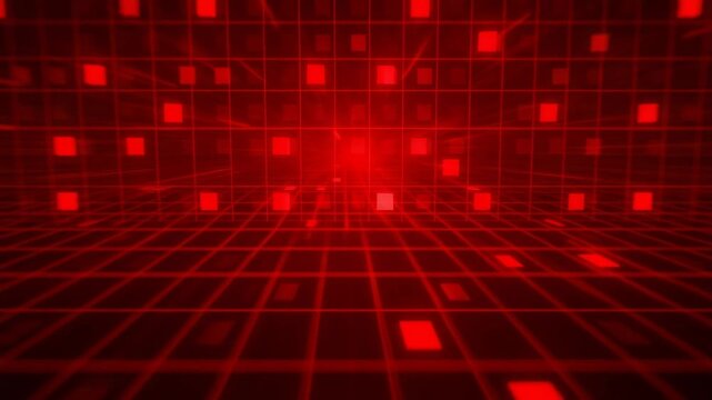 An abstract digital grid in red, receding into a glowing, futuristic tunnel