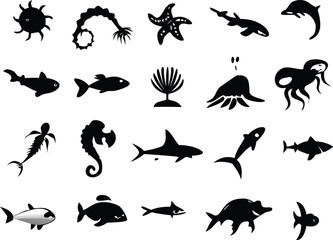 Naklejka premium set of vector silhouettes sea animals