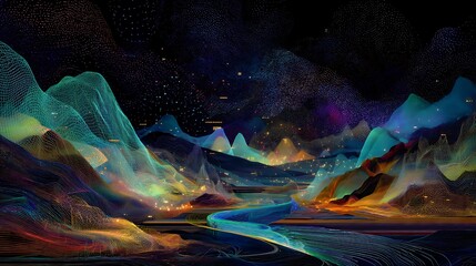 an abstract data stream winding through digital mountains, with bridges made of glowing fiber optics and floating servers, glitch art landscape 