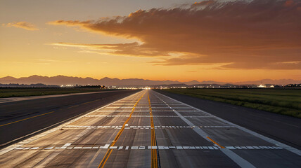 Obraz premium Airport Runway at Sunset – Serene Twilight View with Distant Mountains and Lights
