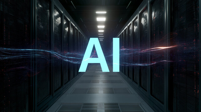  AI chip centered among server cabinets, with floating blue AI hologram and glowing data streams. - Powered by Adobe