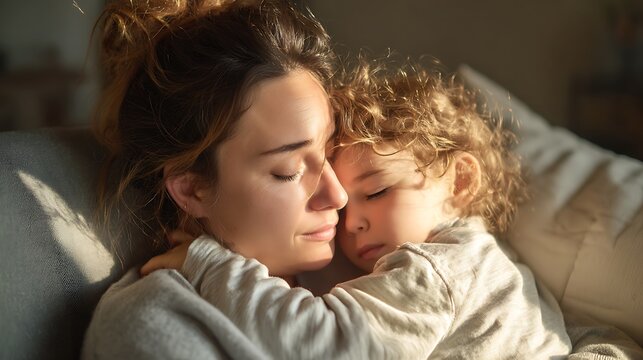 A young mother tightly hugging her toddler on a couch, afternoon sunlight casting soft glow, peaceful home atmosphere, eyes closed, conveying safety and love, tender bonding moment 