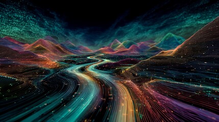 an abstract data stream winding through digital mountains, with bridges made of glowing fiber optics and floating servers, glitch art landscape 